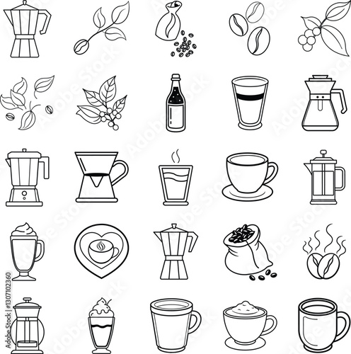 Coffee Brewing Methods, Beans, and Drink Icons Collection