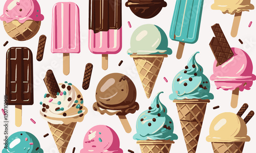 A modern vector-style illustration of various ice creams, including popsicles, chocolate-coated bars, and waffle cones with different flavors, easily editable
