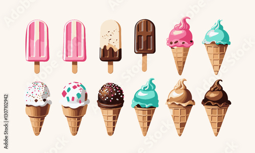 A modern vector-style illustration of various ice creams, including popsicles, chocolate-coated bars, and waffle cones with different flavors, easily editable