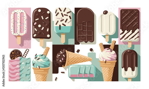A modern vector-style illustration of various ice creams, including popsicles, chocolate-coated bars, and waffle cones with different flavors, easily editable
