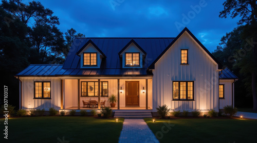 charming white house with dark roof, illuminated at night, surrounded by greenery
