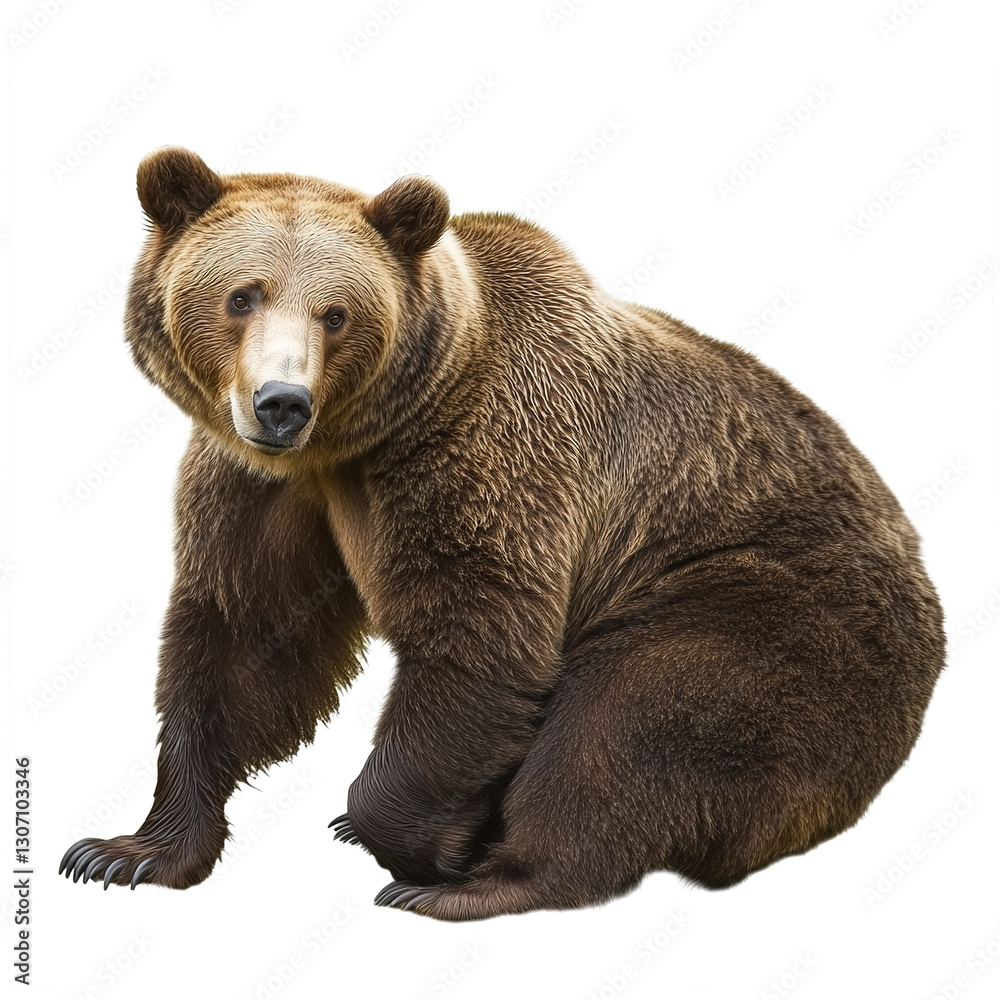 Fototapeta premium brown bear sits on white background, looking curious