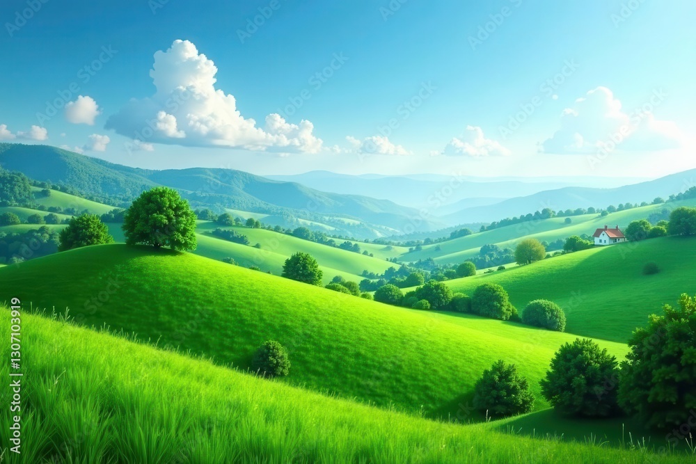 Fototapeta premium Gentle undulations, emerald pastures, azure above, farm, day