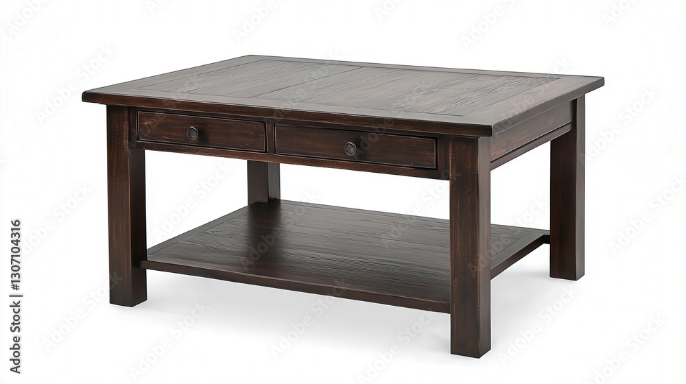 A functional coffee table with built-in storage shelves and a dark wood finish, highlighted against a clean white background. A functional coffee table with built-in storage shelves and a dark wood finish, highlighted against a clean white background.
