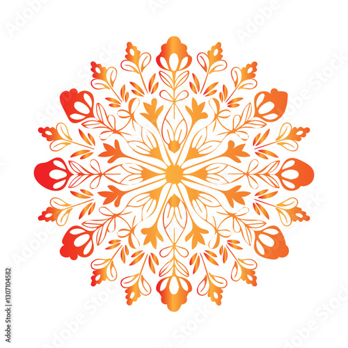 mandala awash in brilliant orange hues and intricate details. The perfectly balanced symmetry, adorned with intertwining floral patterns and elaborate geometric accents.