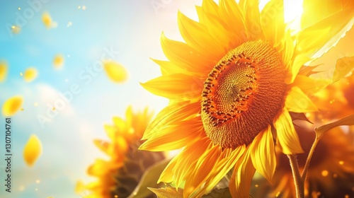 A close-up of a sunflower with vibrant yellow petals, bright sunlight and blue sky background, joyful and refreshing vibe, ultra-detailed, high resolution.