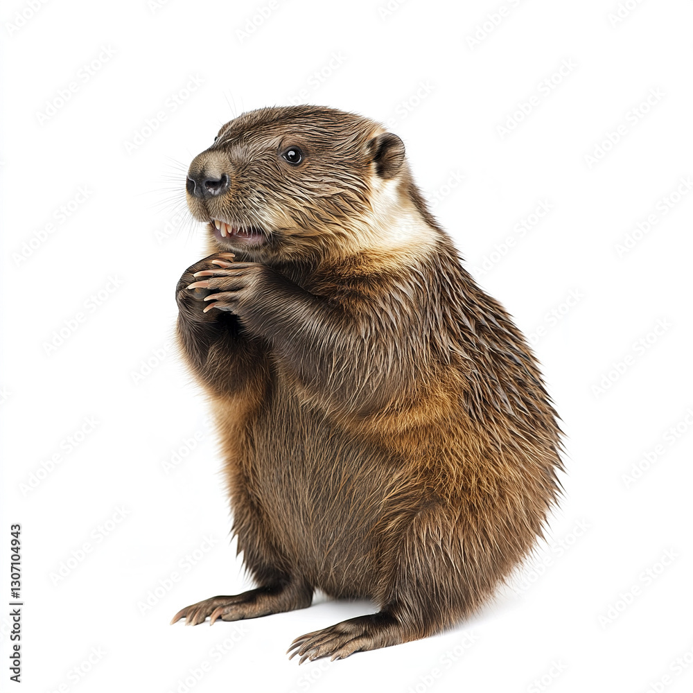 Beaver standing on white background, looking curious