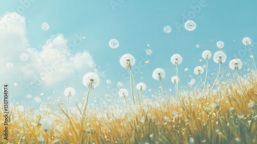 A gentle breeze sweeping through a field of dandelions, with seeds floating in the air, against a soft blue sky on a warm summer day.