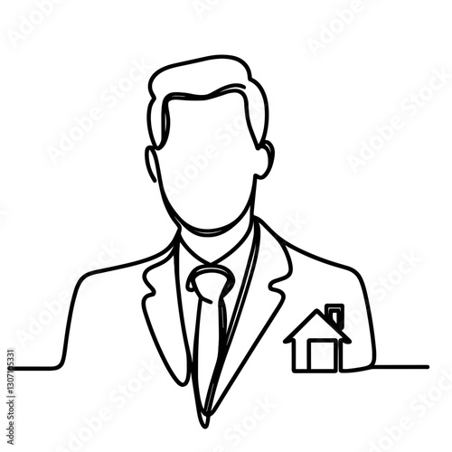 Real estate agent icon with serious look and house icon, minimalistic continuous line art 
