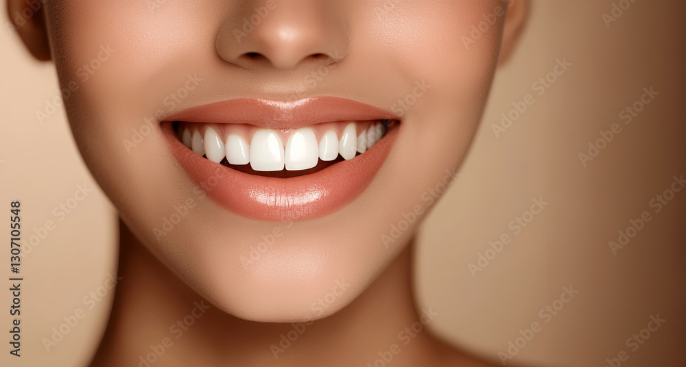 Fototapeta premium close up of the smile of a female model, natural white teeth, 