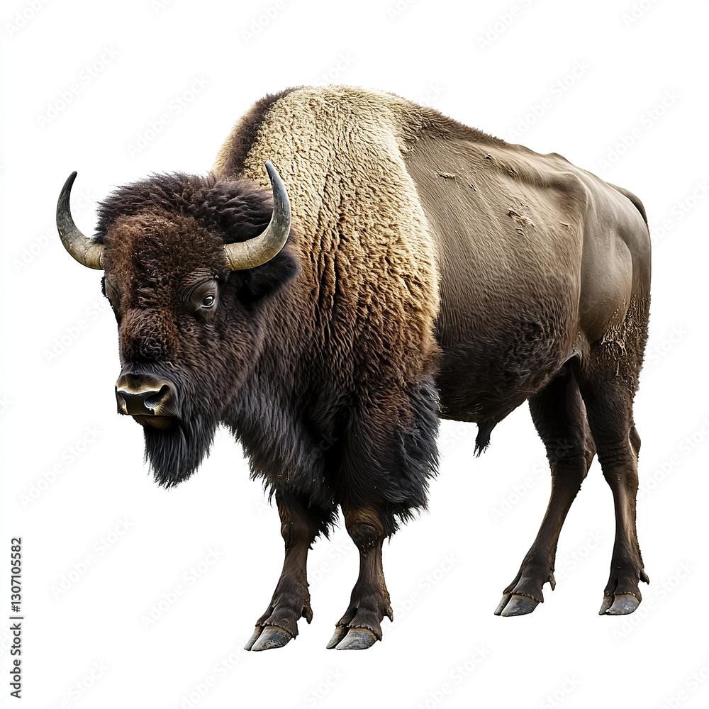 Bison isolated on white background, showcasing its majestic presence Bison isolated on white background, showcasing its majestic presence