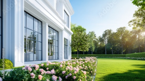 Close-up of modern white villa facade with blooming summer garden

