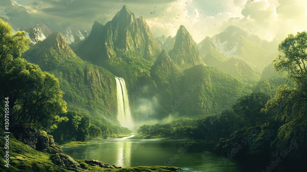 Fototapeta premium A Majestic Mountainous Landscape Featuring a Waterfall and River