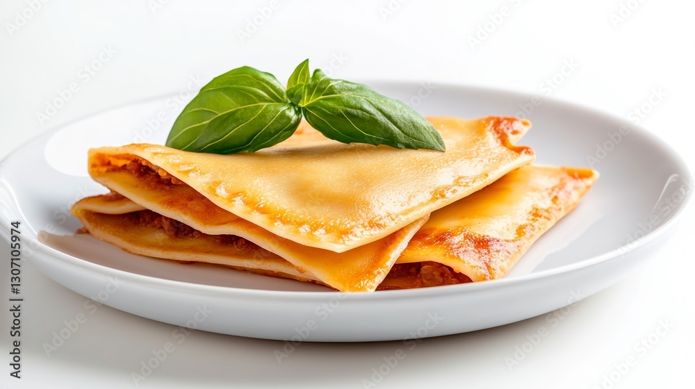 Three golden brown crepes neatly stacked on a white plate, garnished with fresh green basil leaves. Close up shot on bright white background. Three golden brown crepes neatly stacked on a white plate, garnished with fresh green basil leaves. Close up shot on bright white background.