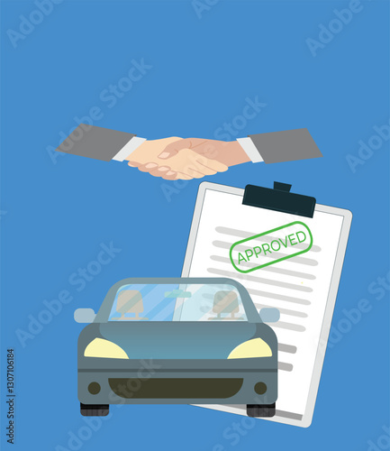 Car approved loan with automobile icon and handshake