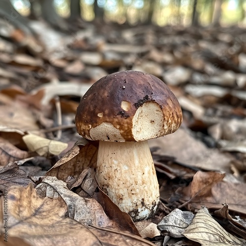 Forest mushroom in autumn leaves photo