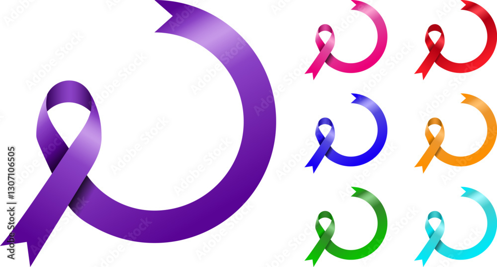 Obraz premium round long tail ribbon template in purple, pink, red, blue, yellow, green, light blue colors for health, events, posters, banners, backgrounds