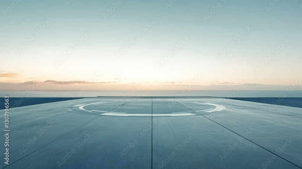 Fototapeta premium Serene Horizon with Modern Helipad Platform Against a Clear Sky and Tranquil Ocean View During Golden Hour at Sunset for Inspirational Imagery