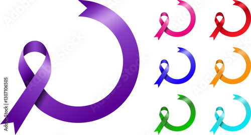 round long tail ribbon template in purple, pink, red, blue, yellow, green, light blue colors for health, events, posters, banners, backgrounds