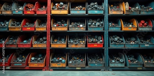 Wallpaper Mural Varied car parts in metal bins, organized by type , auto parts, production line Torontodigital.ca