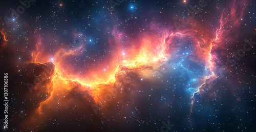 Abstract interstellar nebula with glowing star clusters and iridescent cosmic dust, modern space theme for luxury brand campaigns or UI/UX design projects. Ultra-detailed vector illustration with dark