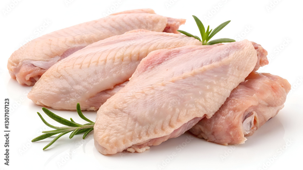 Raw chicken wings, isolated on a white background, showcasing their fresh texture and natural pinkish hue. Raw chicken wings, isolated on a white background, showcasing their fresh texture and natural pinkish hue.