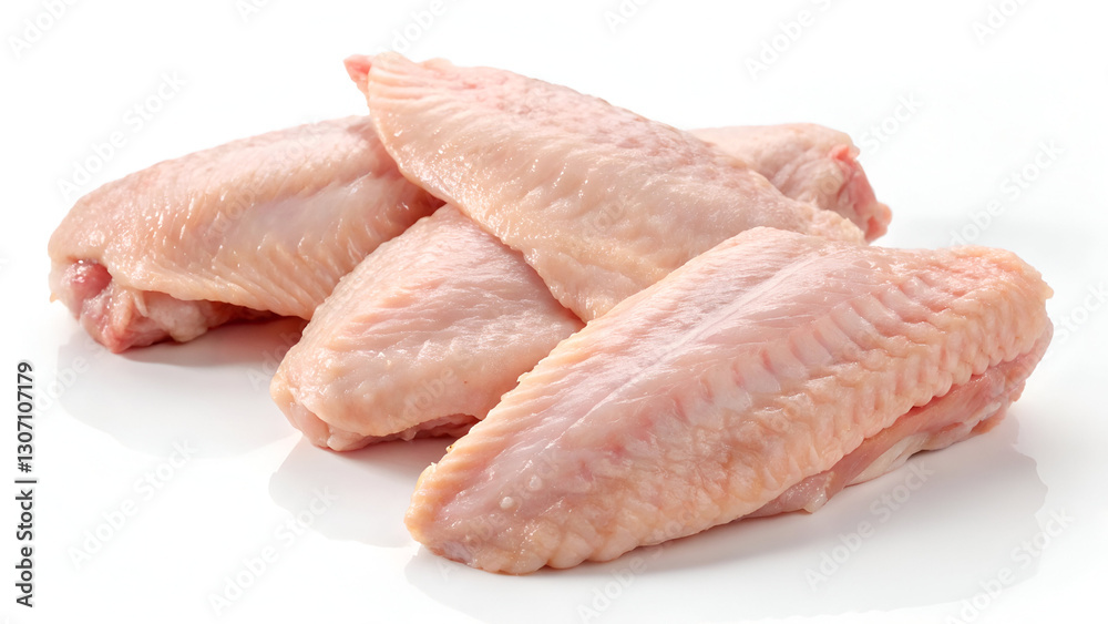 Raw chicken wings, isolated on a white background, showcasing their fresh texture and natural pinkish hue. Raw chicken wings, isolated on a white background, showcasing their fresh texture and natural pinkish hue.