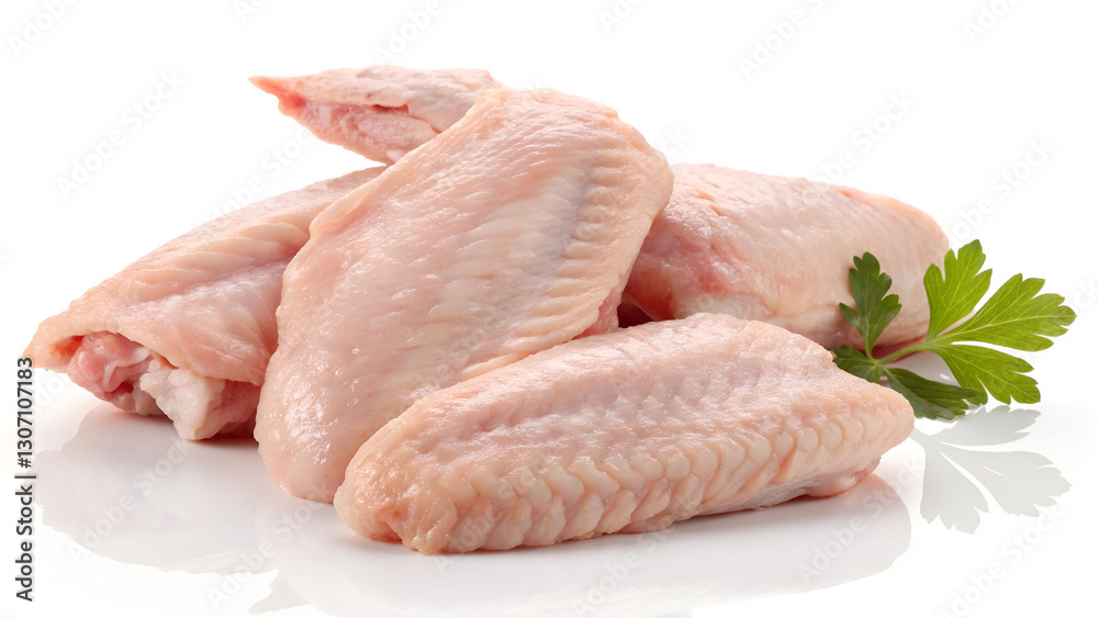 Raw chicken wings, isolated on a white background, showcasing their fresh texture and natural pinkish hue. Raw chicken wings, isolated on a white background, showcasing their fresh texture and natural pinkish hue.