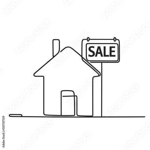Real estate icon in the shape of a house with the words For Sale, line drawing, real estate sale concept