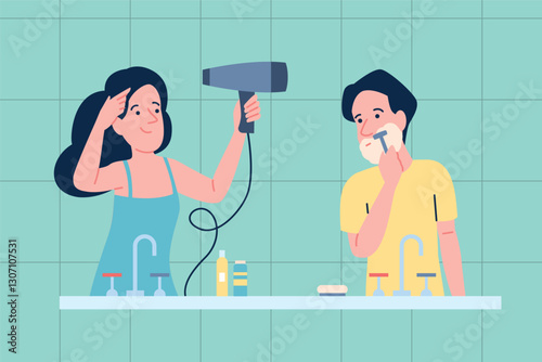 Couple is getting ready for work in bathroom. Girl dry hair with hair dryer, guy shaving. Morning or evening daily routine, self hygiene, vector scene