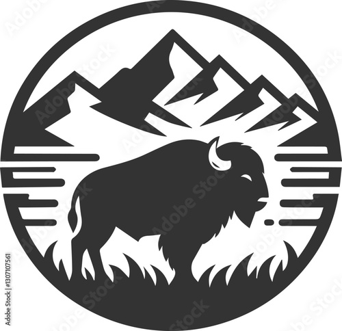 Buffalo standing in front of a mountain range animal vector silhouette