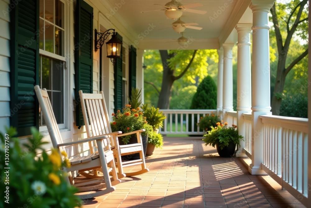 Obraz premium Cozy front porch, rocking chairs, Southern hospitality, vintage, home exterior