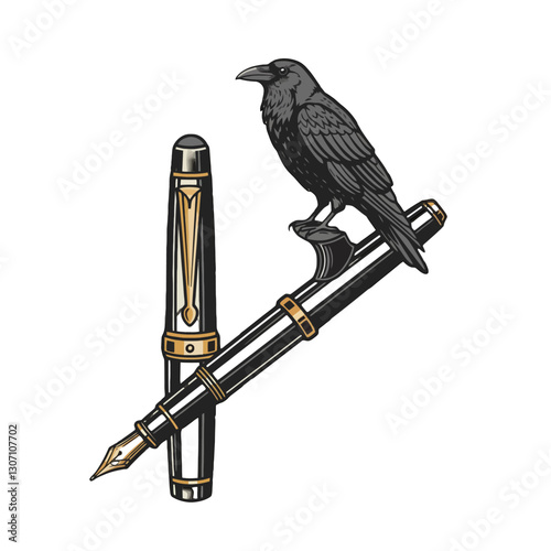 Raven with Elegant Fountain Pens