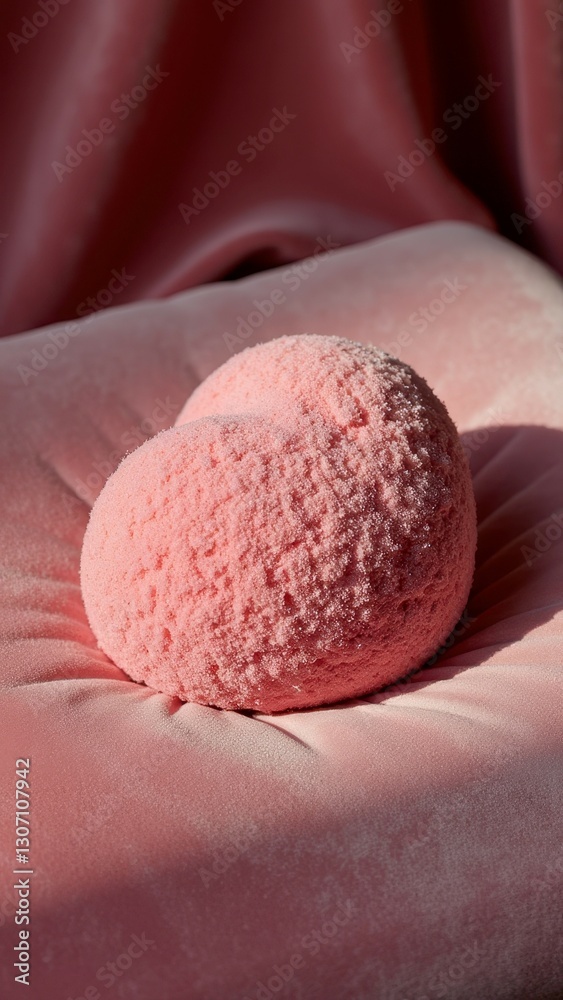 Pink textured object on velvet cushion with soft lighting Pink textured object on velvet cushion with soft lighting