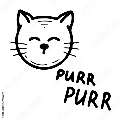 Purring kitten face. Hand drawn doodle. Cute pet. Fluffy cat. Animal, fauna. Vector line art illustration.