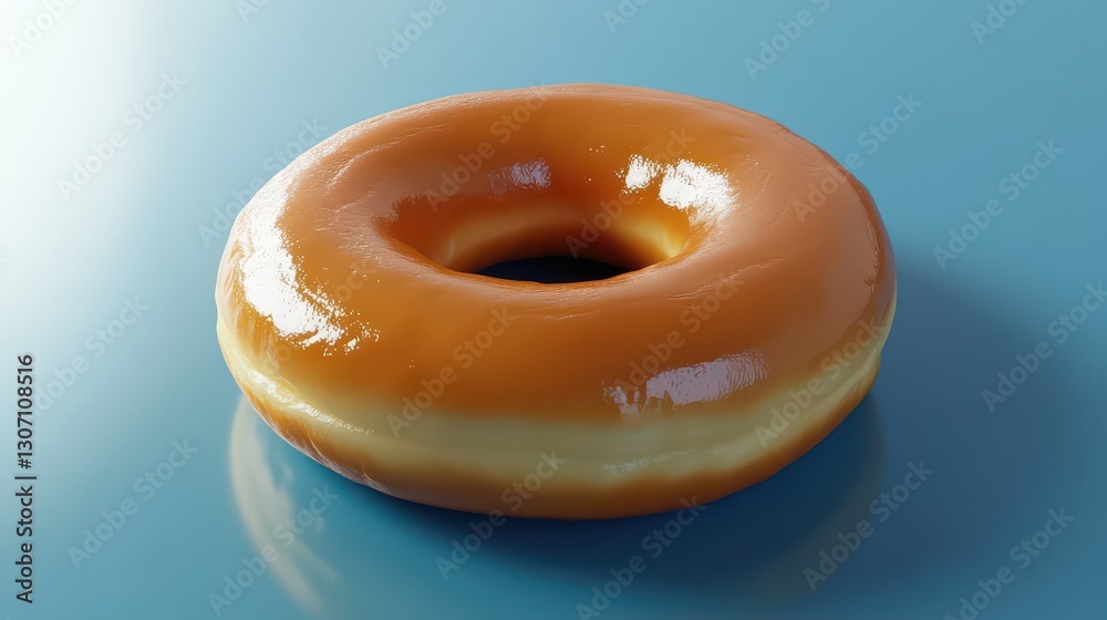 A plain glazed donut with a glossy finish resting against a bright blue background for a simple yet inviting composition. A plain glazed donut with a glossy finish resting against a bright blue background for a simple yet inviting composition.