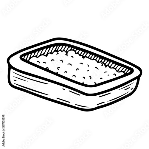 Pet toilet with filler. Hand drawn doodle. Accessory for a small dog or cat. Plastic bowl for animal excrement. Vector line art illustration.