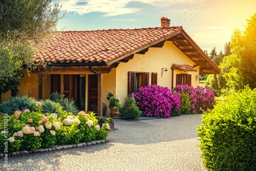Close-up full view of charming countryside villa with red-tiled roof and blooming garden in summer
