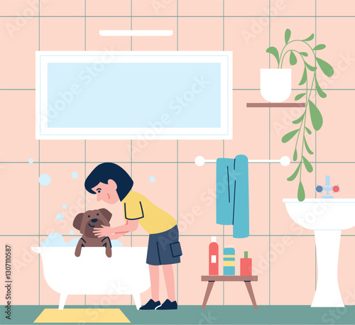 Girl wash dog in bathroom. Grooming at home, pet care. Owner doing hygiene for puppy. Responsibility for animal. Bath furniture, vector scene
