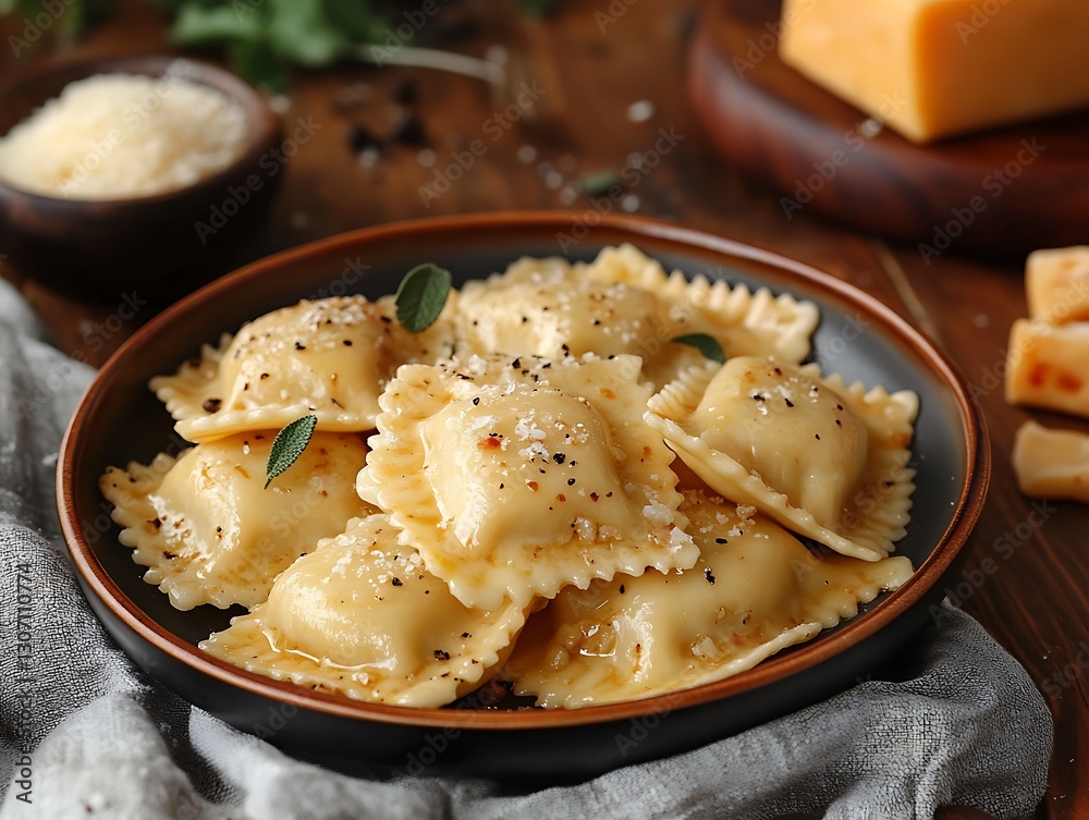 Plate of ravioli with herbs on a wood background Plate of ravioli with herbs on a wood background
