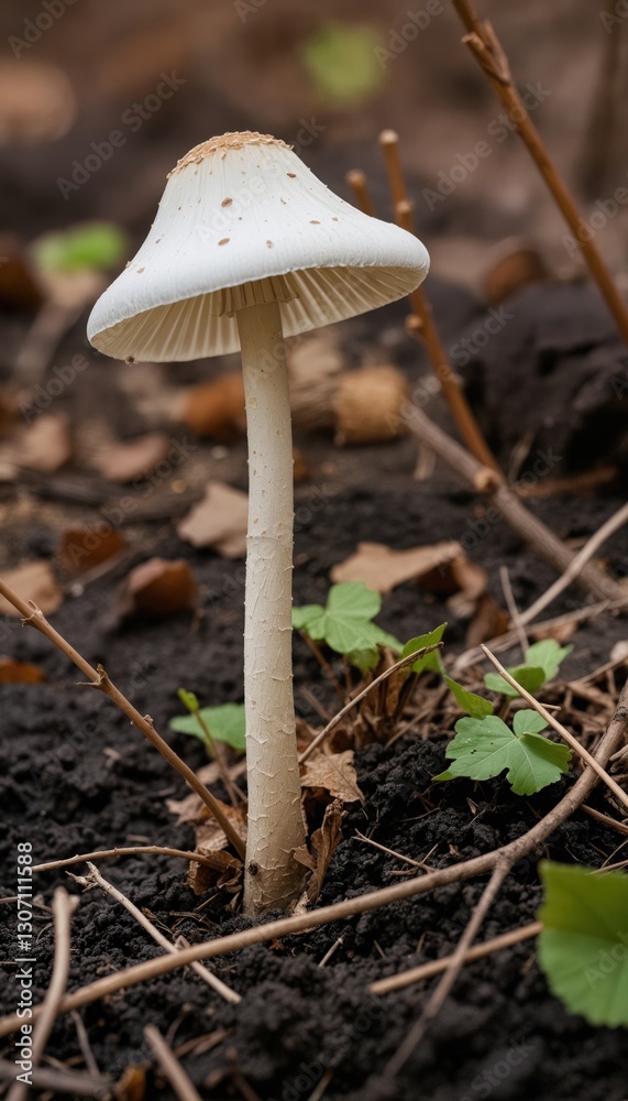 A solitary white mushroom with a brown cap and stem stands in a forest, surrounded by brown leaves and twigs, with a blurred background emphasizing its prominence A solitary white mushroom with a brown cap and stem stands in a forest, surrounded by brown leaves and twigs, with a blurred background emphasizing its prominence