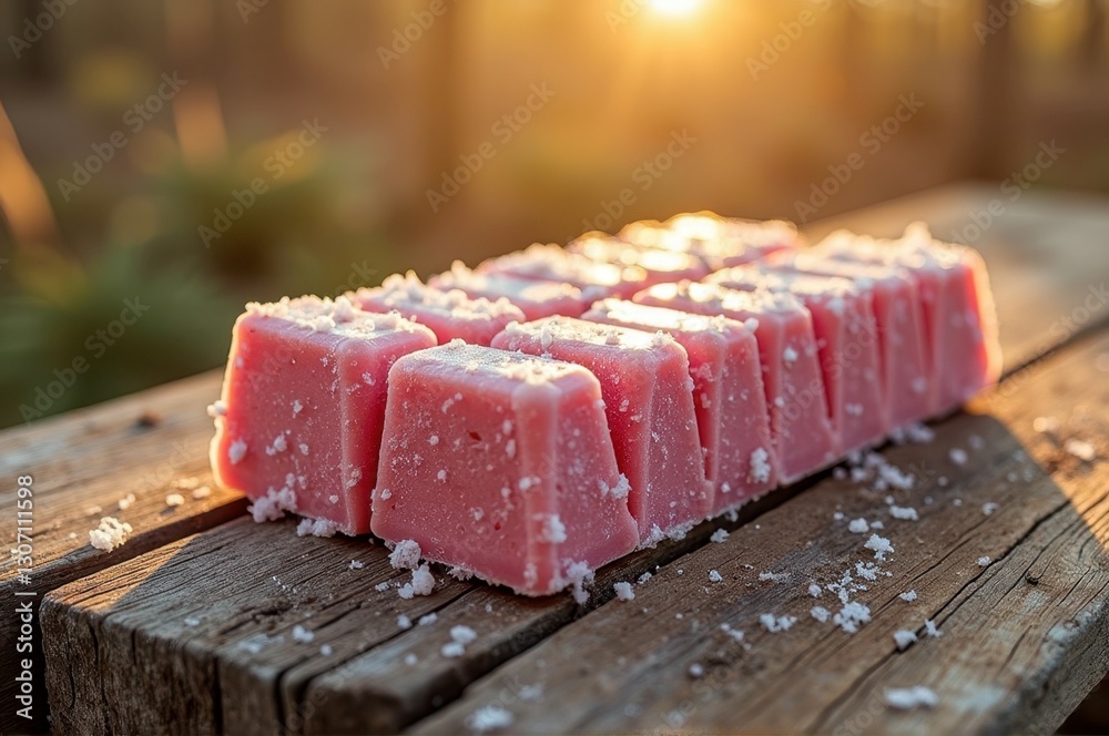 Pink fudge cubes with sea salt on rustic wooden table in sunlit outdoor setting Pink fudge cubes with sea salt on rustic wooden table in sunlit outdoor setting