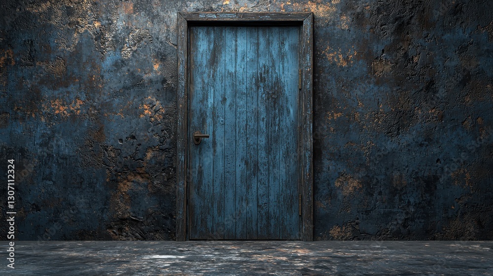 Weathered Blue Wooden Door Against Dark Rusty Textured Wall in Industrial Setting Weathered Blue Wooden Door Against Dark Rusty Textured Wall in Industrial Setting