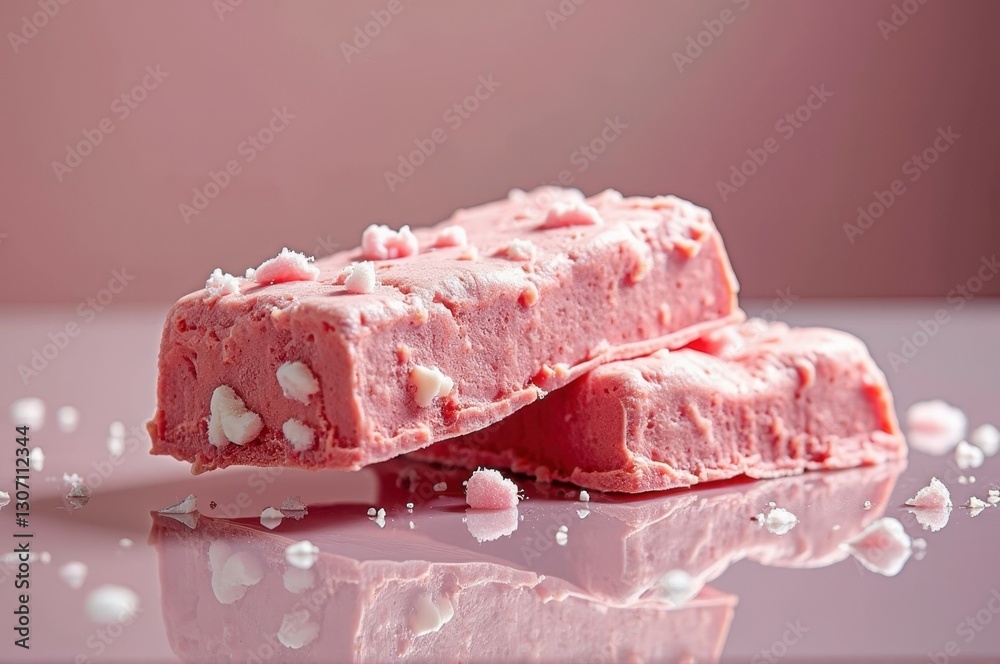 Delicious pink raspberry frozen yogurt bars on reflective surface Delicious pink raspberry frozen yogurt bars on reflective surface