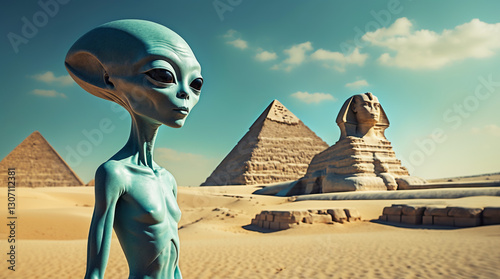 Mystical alien visiting the pyramids and Sphinx during a clear day in Egypt