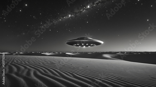 Mysterious flying saucer hovers above sandy desert landscape under starry night sky