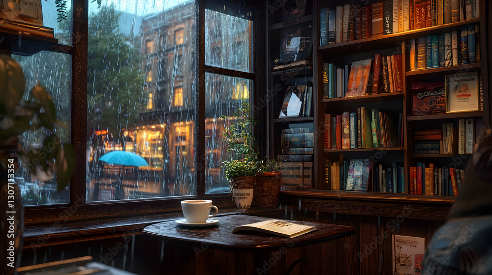 A cozy cafe, with a large window overlooking the rain outside.
A cozy cafe, with a large window overlooking the rain outside.