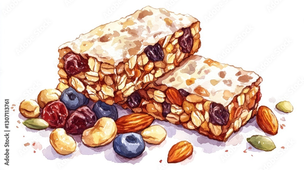 Two delicious granola bars surrounded by dried fruits and nuts