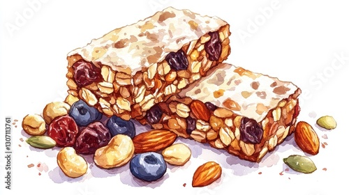 Obraz na płótnie Two delicious granola bars surrounded by dried fruits and nuts w salonie