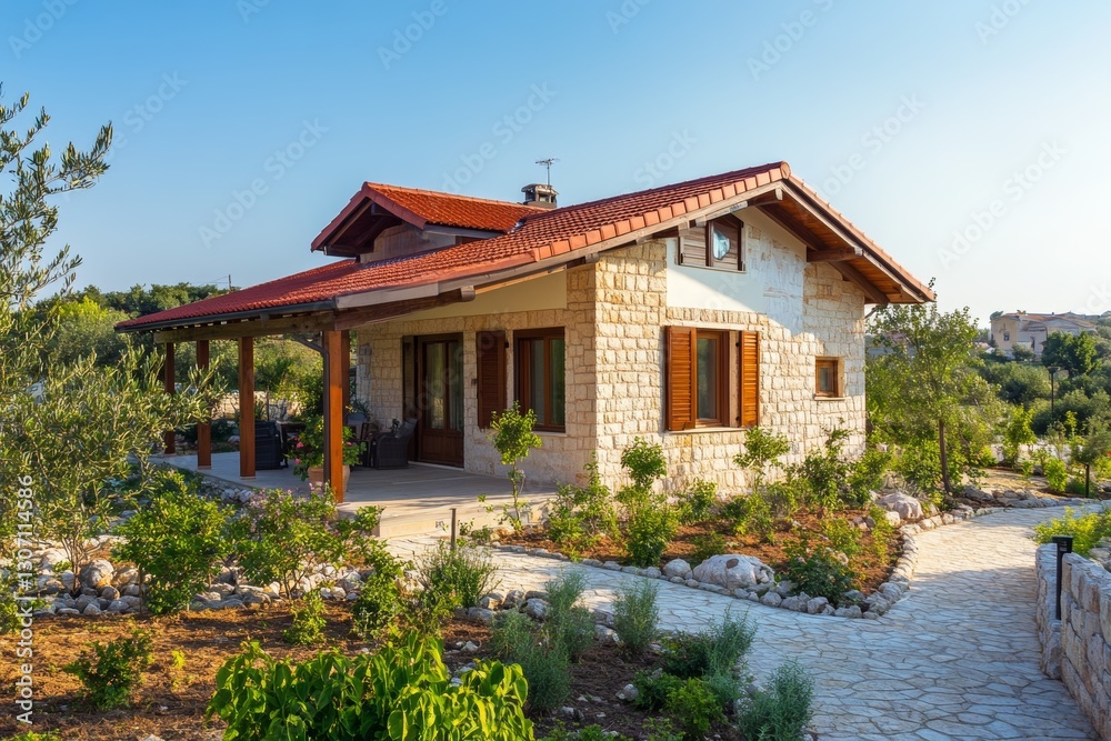 Close-up view of charming countryside villa with red roof and cozy garden
Close-up view of charming countryside villa with red roof and cozy garden